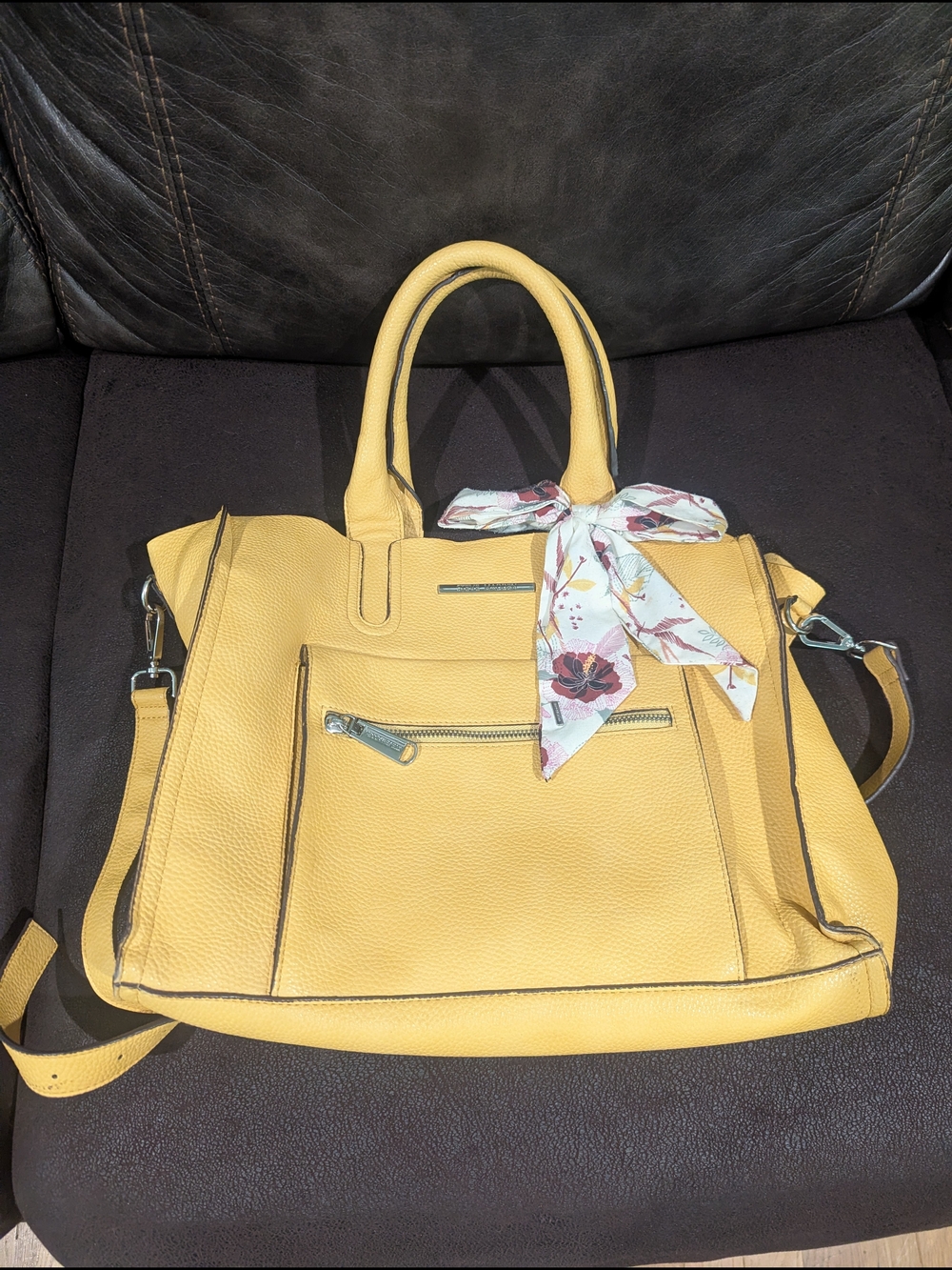 Yellow Pebbled Tote with Floral Scarf Accent